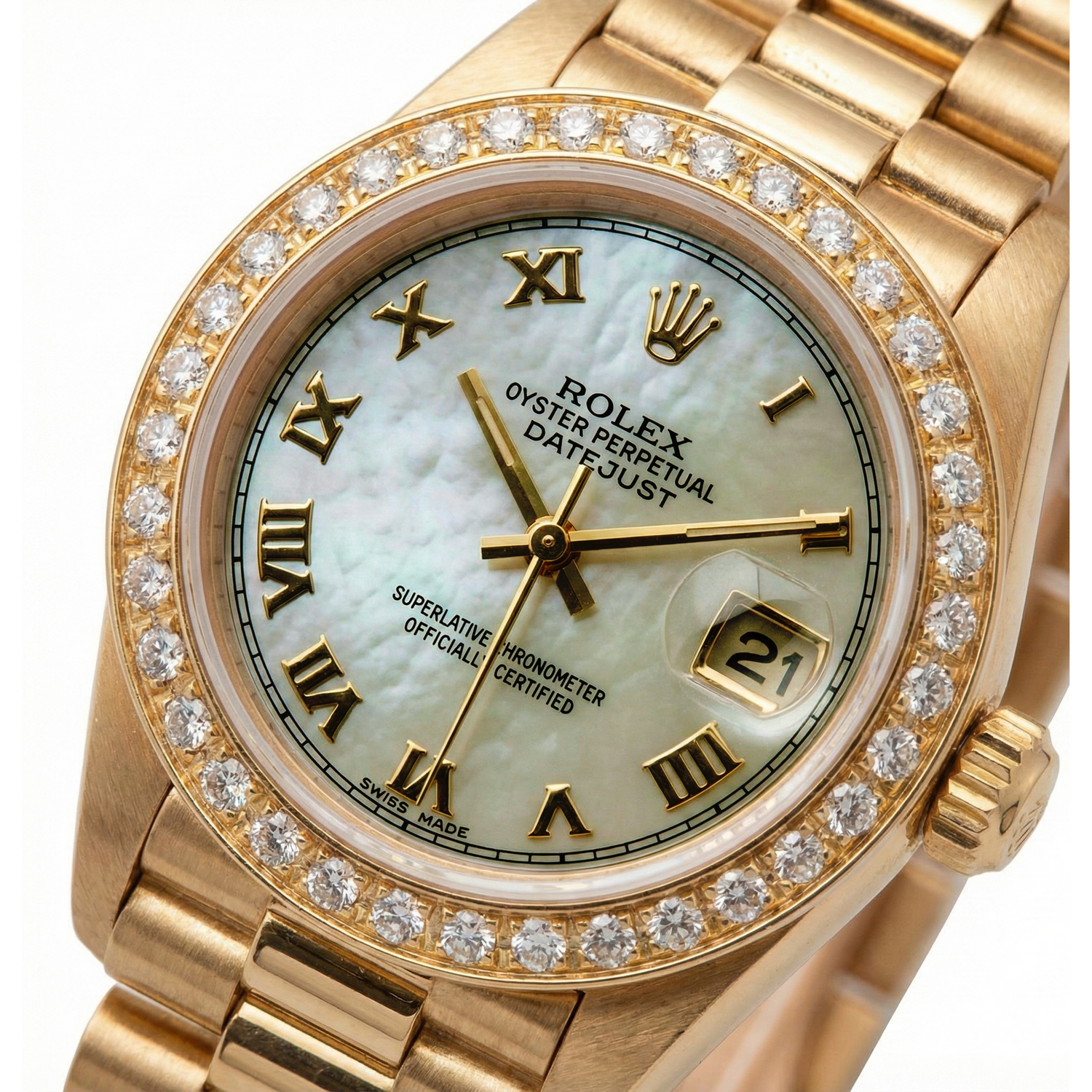 Dame Mop Präsidentenuhr mit römischem Zifferblatt, Rolex Datejust, Diamantlünette, Gold