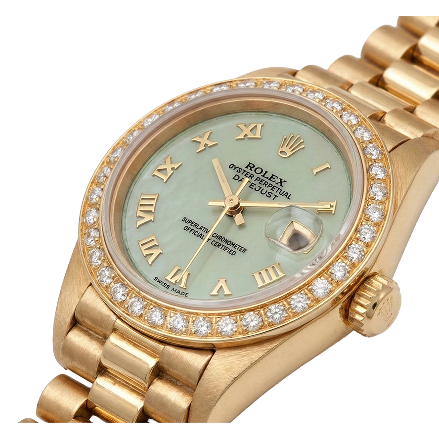 Dame Mop Präsidentenuhr mit römischem Zifferblatt, Rolex Datejust, Diamantlünette, Gold