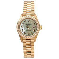 Dame Mop Präsidentenuhr mit römischem Zifferblatt, Rolex Datejust, Diamantlünette, Gold