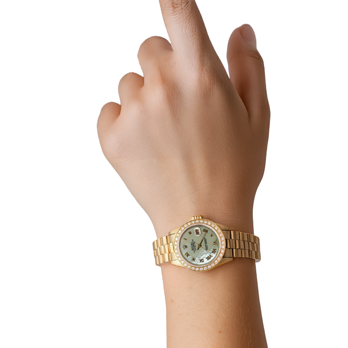 Dame Mop Präsidentenuhr mit römischem Zifferblatt, Rolex Datejust, Diamantlünette, Gold P2