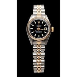 Dame Rolex Datejust 26 mm zweifarbige Uhr mit schwarzem Stick-Zifferblatt