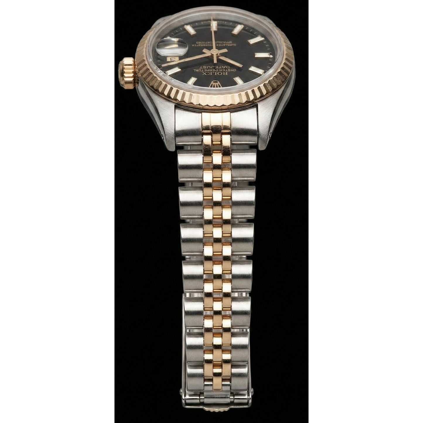 Dame Rolex Datejust 26 mm zweifarbige Uhr mit schwarzem Stick-Zifferblatt