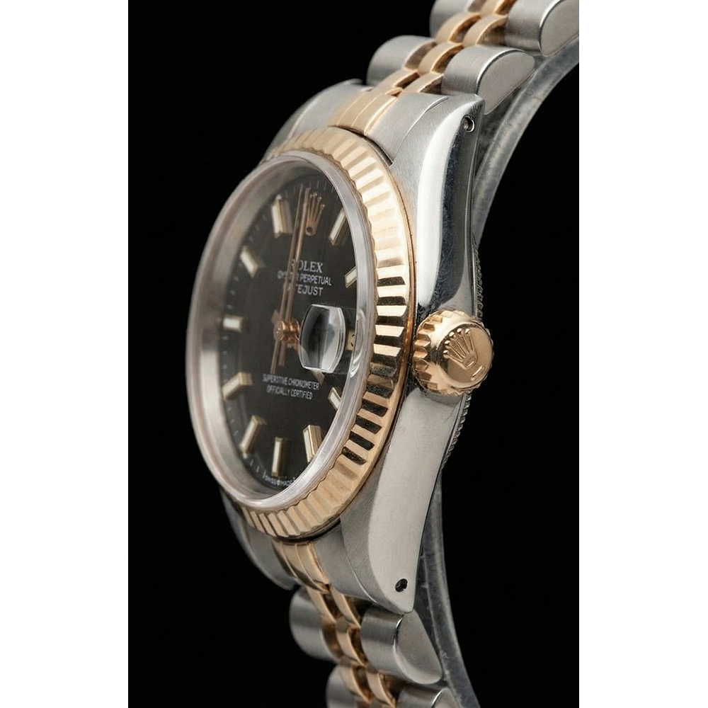 Dame Rolex Datejust 26 mm zweifarbige Uhr mit schwarzem Stick-Zifferblatt