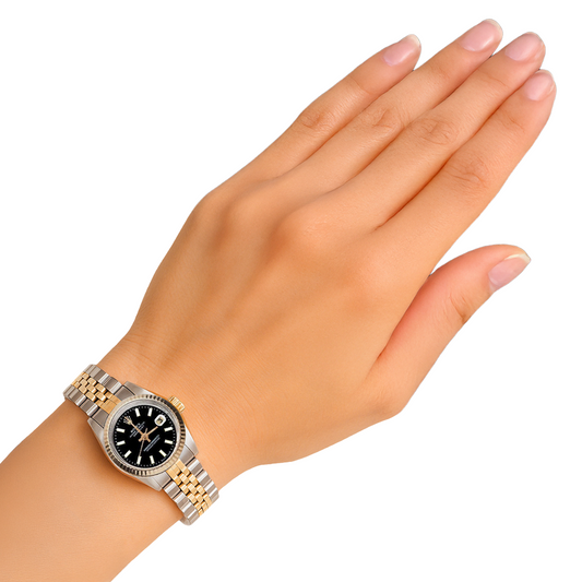 Dame Rolex Datejust 26 mm zweifarbige Uhr mit schwarzem Stick-Zifferblatt