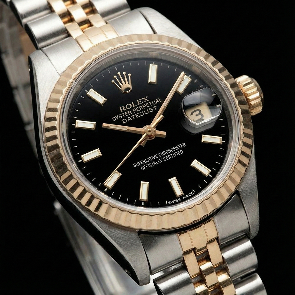 Dame Rolex Datejust 26 mm zweifarbige Uhr mit schwarzem Stick-Zifferblatt