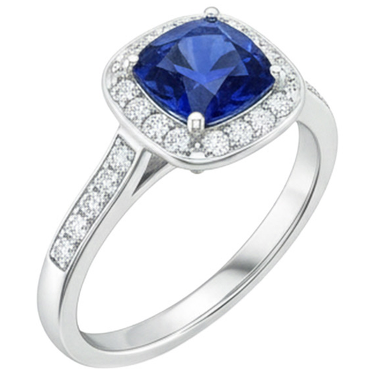 Damen Aus der Erde Abgebauter Natürlicher Diamant Halo Verlobungsring Kissen Blauer Saphir 3 Karat