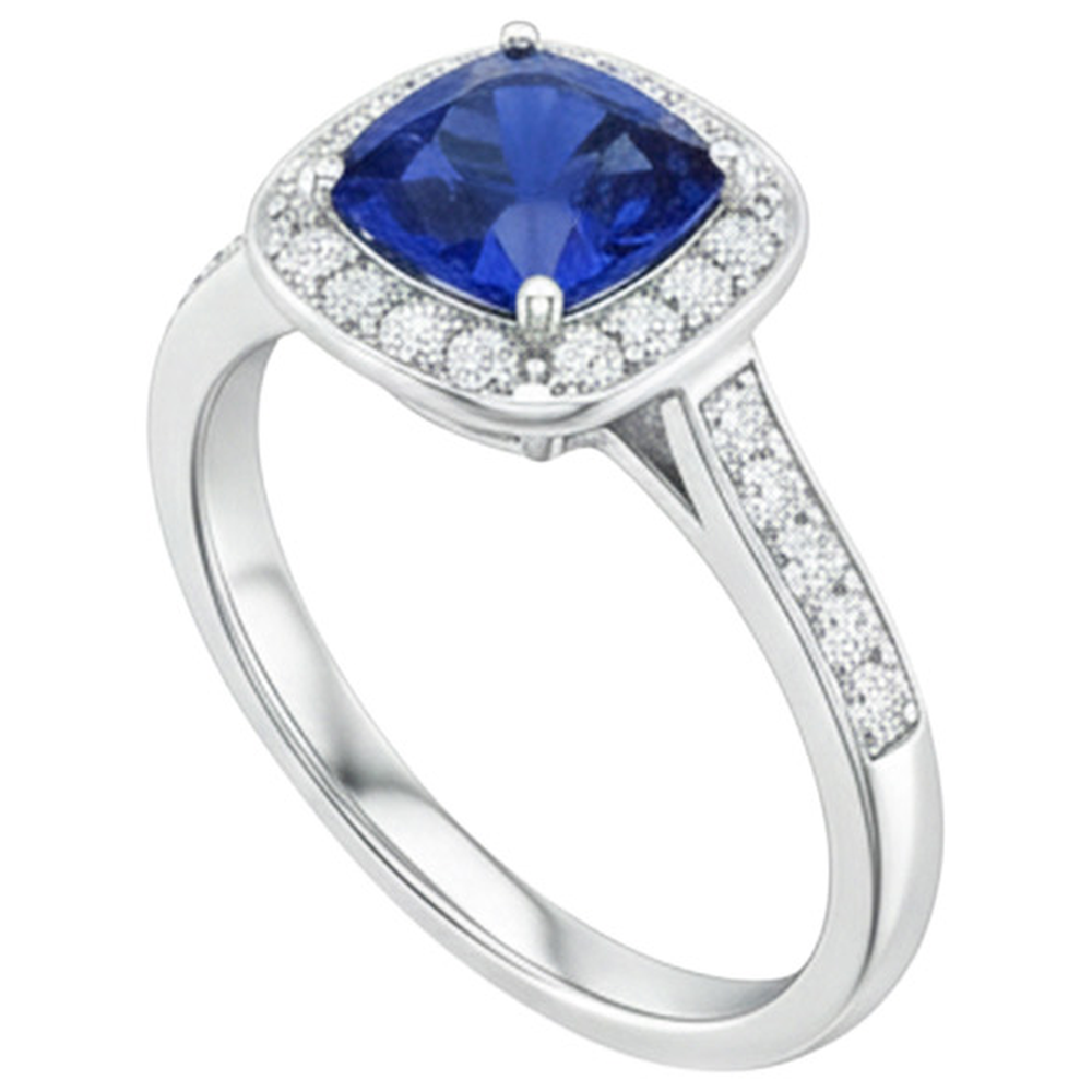 Damen Aus der Erde Abgebauter Natürlicher Diamant Halo Verlobungsring Kissen Blauer Saphir 3 Karat