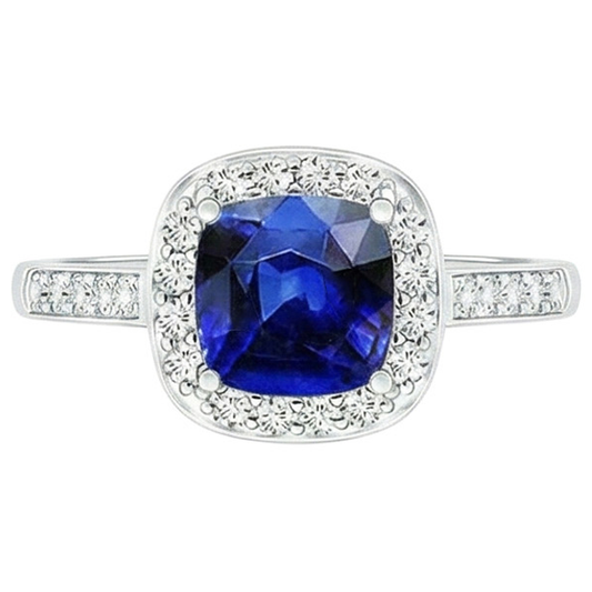 Damen Aus der Erde Abgebauter Natürlicher Diamant Halo Verlobungsring Kissen Blauer Saphir 3 Karat