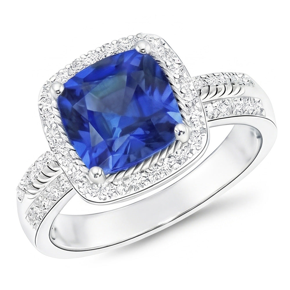Damen Aus der Erde Abgebauter Natürlicher Diamant Ringkissen Halo Blue Saphir mit Akzenten 4,50 Karat