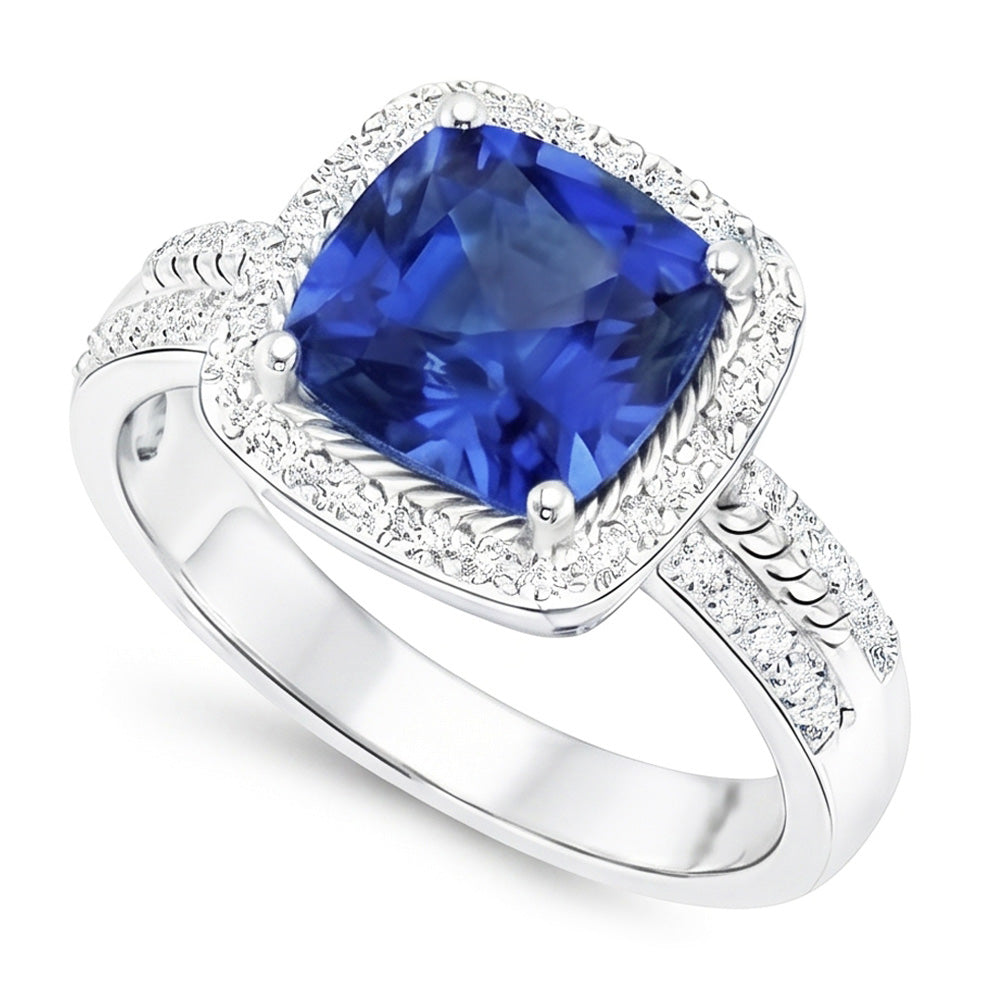 Damen Aus der Erde Abgebauter Natürlicher Diamant Ringkissen Halo Blue Saphir mit Akzenten 4,50 Karat