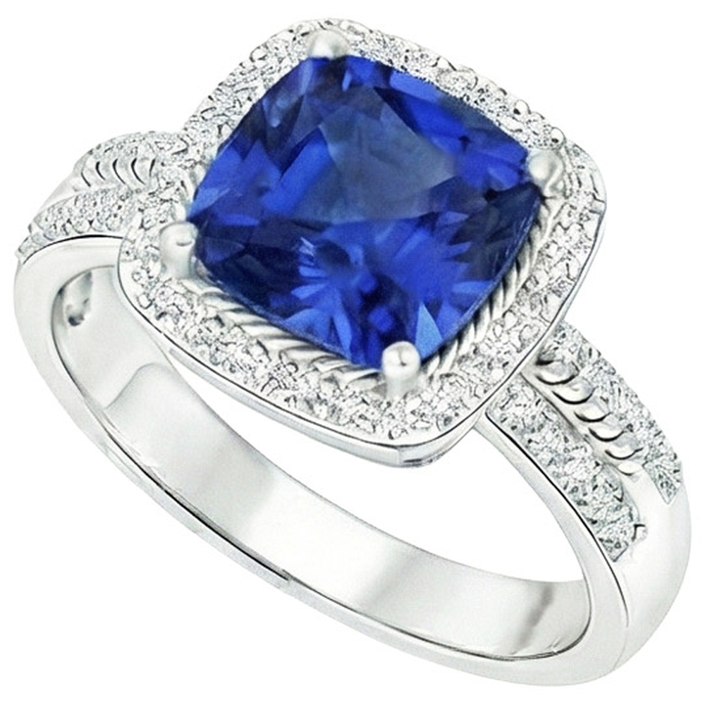 Damen Aus der Erde Abgebauter Natürlicher Diamant Ringkissen Halo Blue Saphir mit Akzenten 4,50 Karat