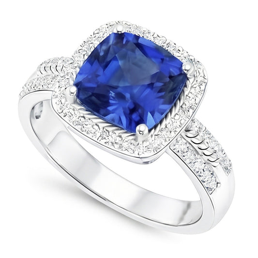 Damen Aus der Erde Abgebauter Natürlicher Diamant Ringkissen Halo Blue Saphir mit Akzenten 4,50 Karat