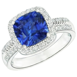 Damen Aus der Erde Abgebauter Natürlicher Diamant Ringkissen Halo Blue Saphir mit Akzenten 4,50 Karat