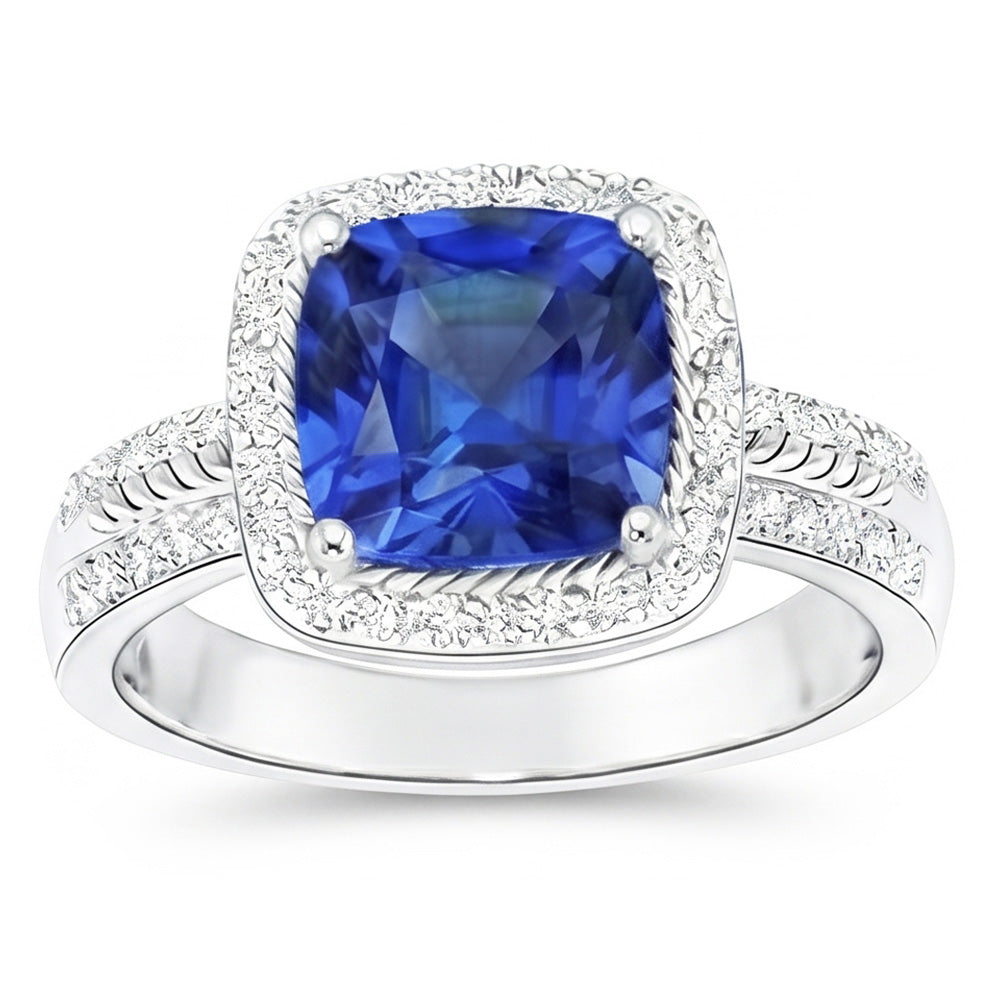 Damen Aus der Erde Abgebauter Natürlicher Diamant Ringkissen Halo Blue Saphir mit Akzenten 4,50 Karat
