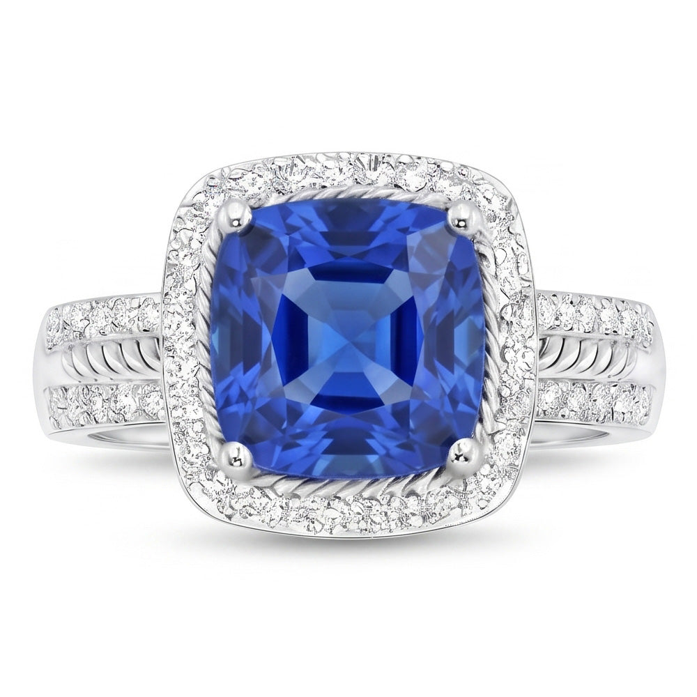 Damen Aus der Erde Abgebauter Natürlicher Diamant Ringkissen Halo Blue Saphir mit Akzenten 4,50 Karat