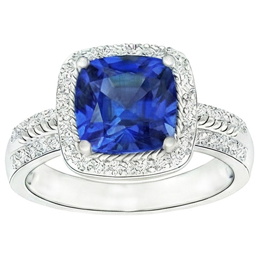 Damen Aus der Erde Abgebauter Natürlicher Diamant Ringkissen Halo Blue Saphir mit Akzenten 4,50 Karat