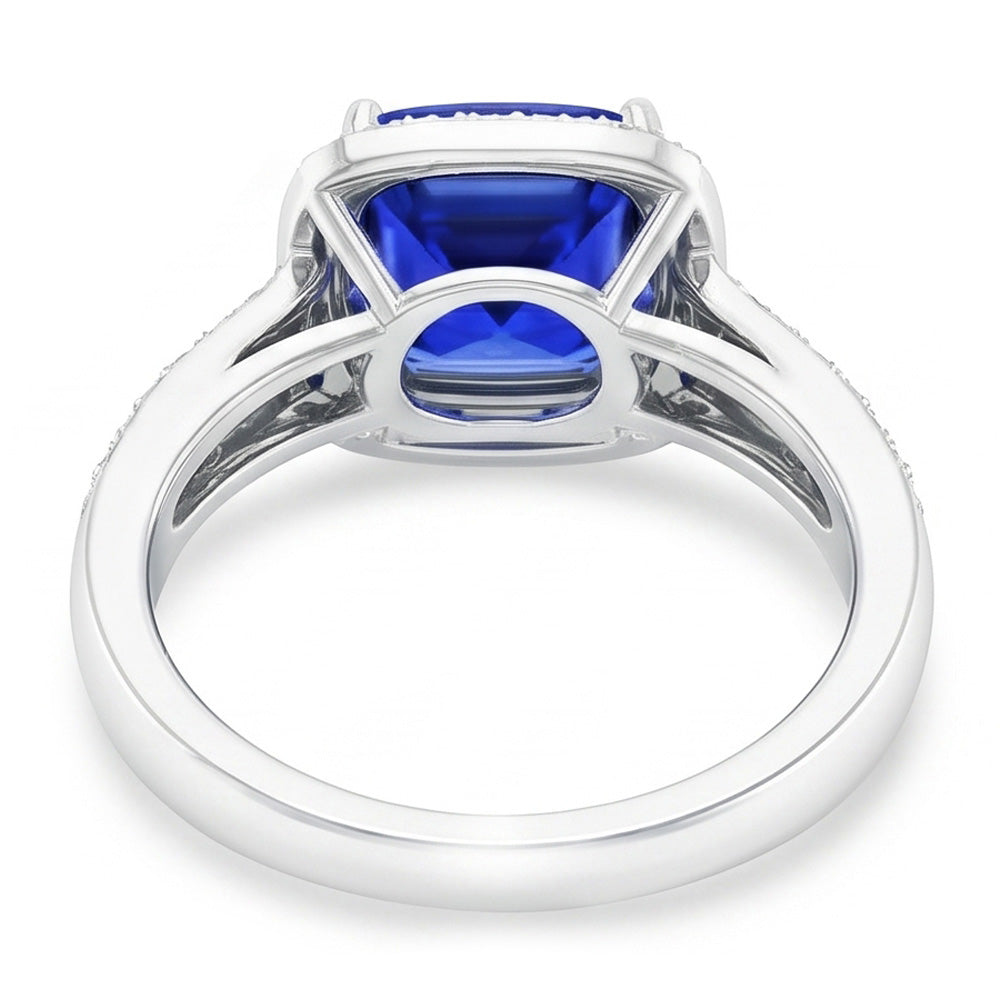 Damen Aus der Erde Abgebauter Natürlicher Diamant Ringkissen Halo Blue Saphir mit Akzenten 4,50 Karat