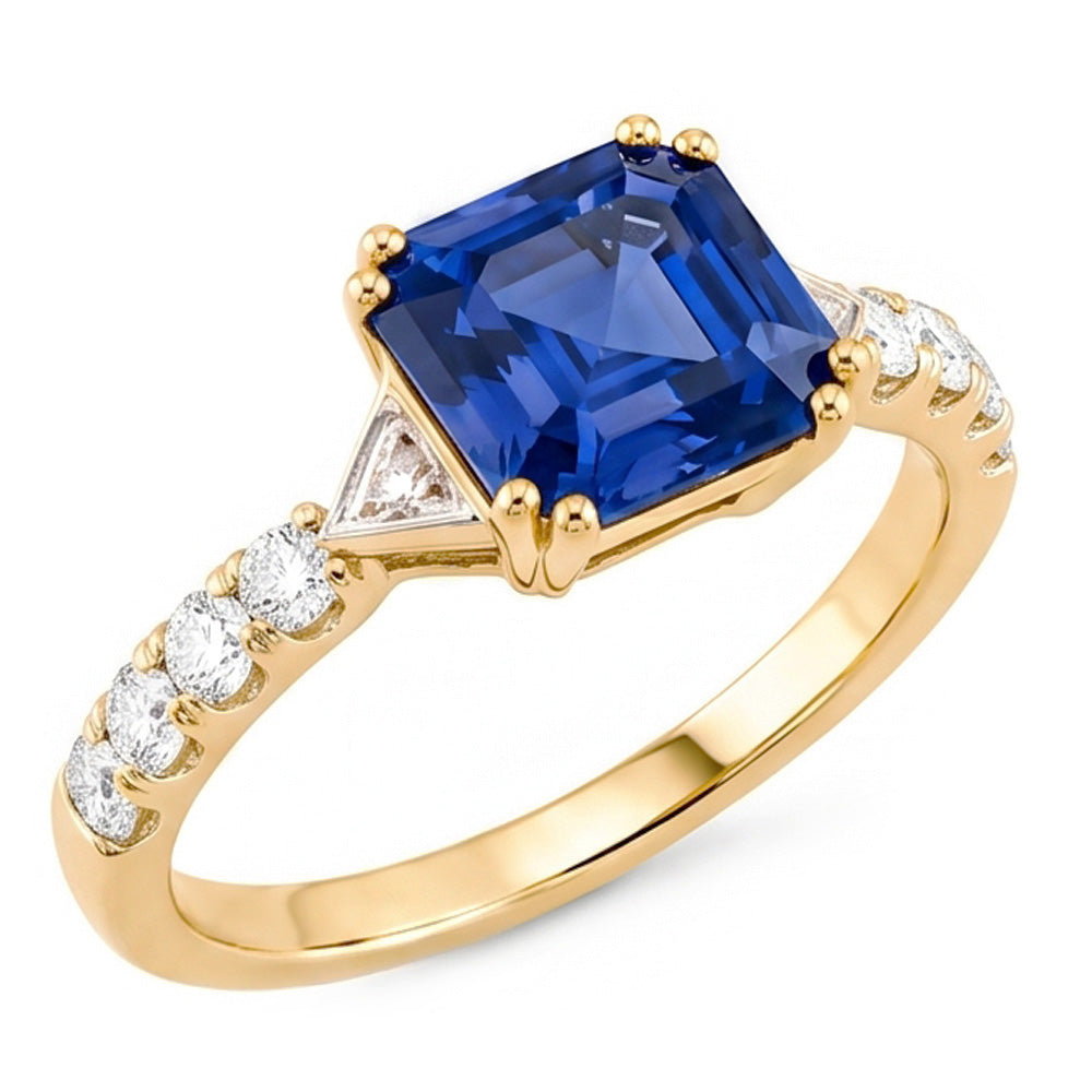 Damen Aus der Erde Abgebauter Natürlicher Diamantring Asscher Ceylon Saphir 2,50 Karat Zweifarbiges Gold