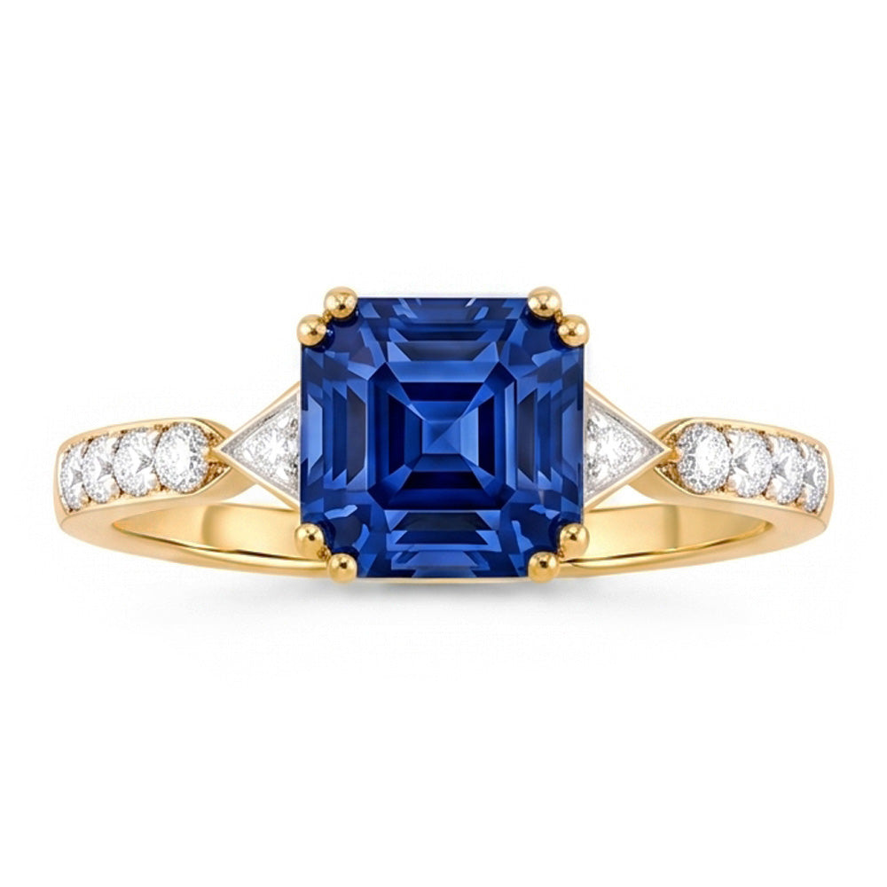 Damen Aus der Erde Abgebauter Natürlicher Diamantring Asscher Ceylon Saphir 2,50 Karat Zweifarbiges Gold