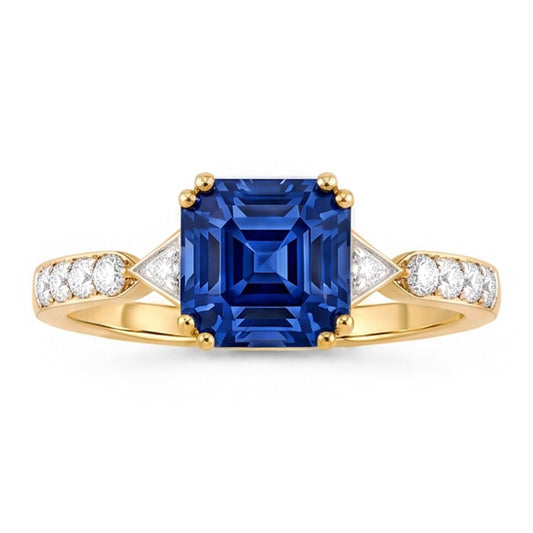 Damen Aus der Erde Abgebauter Natürlicher Diamantring Asscher Ceylon Saphir 2,50 Karat Zweifarbiges Gold