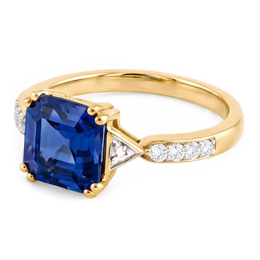 Damen Aus der Erde Abgebauter Natürlicher Diamantring Asscher Ceylon Saphir 2,50 Karat Zweifarbiges Gold