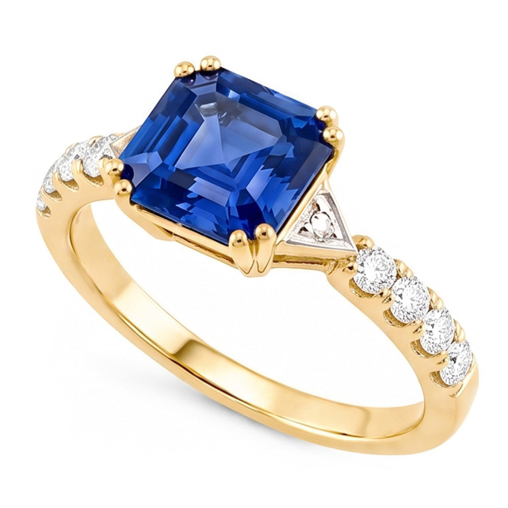Damen Aus der Erde Abgebauter Natürlicher Diamantring Asscher Ceylon Saphir 2,50 Karat Zweifarbiges Gold