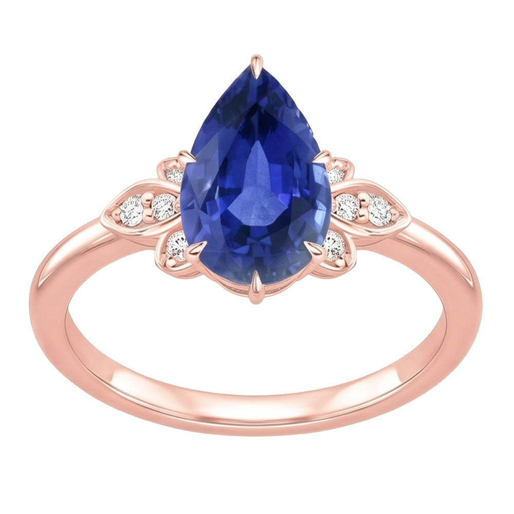 Damen Blauer Saphir Edelstein Ring 4,50 Karat Birnenschliff mit Akzenten