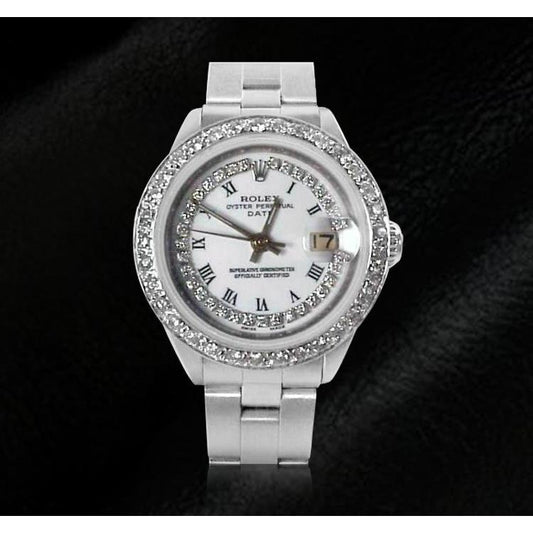 Damen-Datumsuhr mit weißem String-Aus der Erde Abgebauter Natürlicher Diamant-Zifferblatt und Lünette Edelstahl Oyster