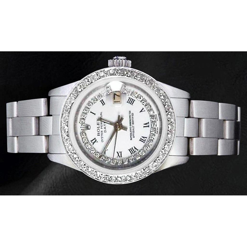 Damen-Datumsuhr mit weißem String-Aus der Erde Abgebauter Natürlicher Diamant-Zifferblatt und Lünette Edelstahl Oyster