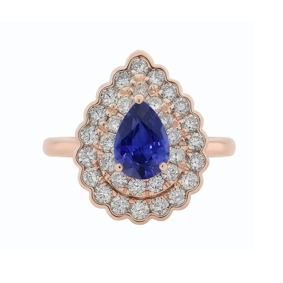 Damen Doppel Halo Ring Birne Blauer Saphir & Natürlicher Diamant ( nicht im Labor gezüchtet )en 3.50 Karat