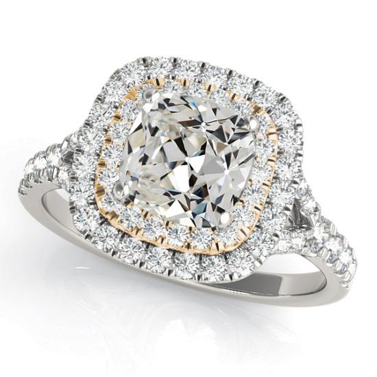 Damen Doppel Halo Ring Kissen Altschliff Echt Diamant 8 Karat Zweifarbig