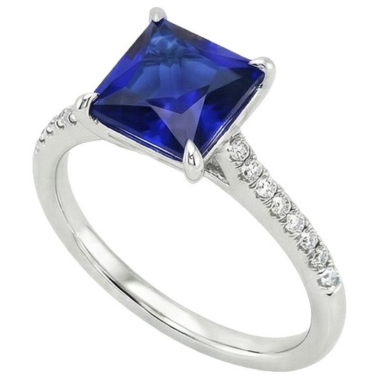 Damen Gold Princess Blue Saphir & Aus der Erde Abgebauter Natürlicher Diamant Verlobungsring 5.50 Karat