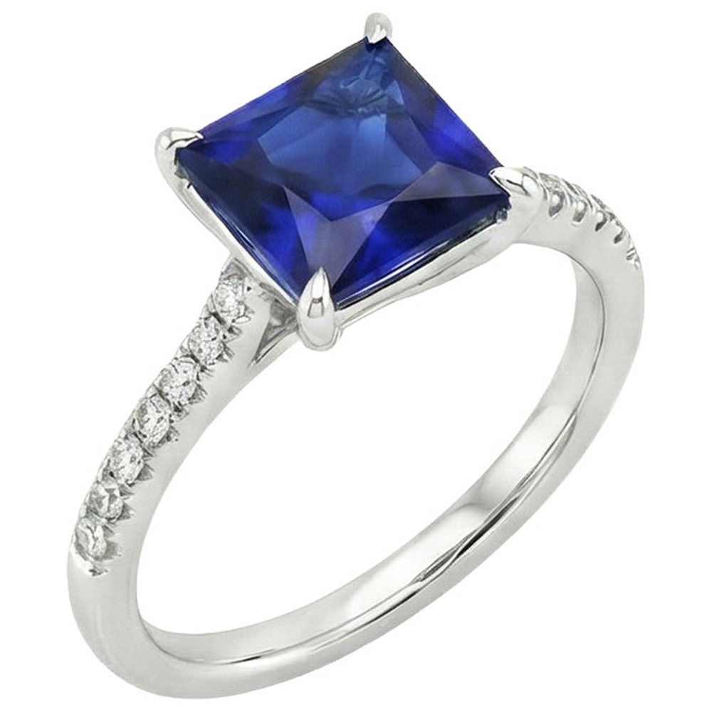 Damen Gold Princess Blue Saphir & Aus der Erde Abgebauter Natürlicher Diamant Verlobungsring 5.50 Karat