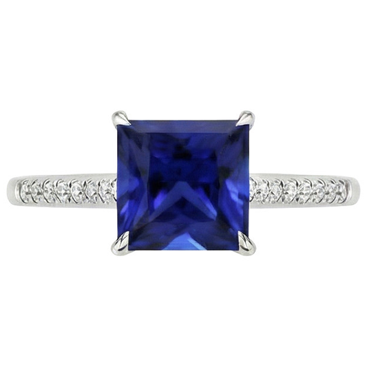 Damen Gold Princess Blue Saphir & Aus der Erde Abgebauter Natürlicher Diamant Verlobungsring 5.50 Karat
