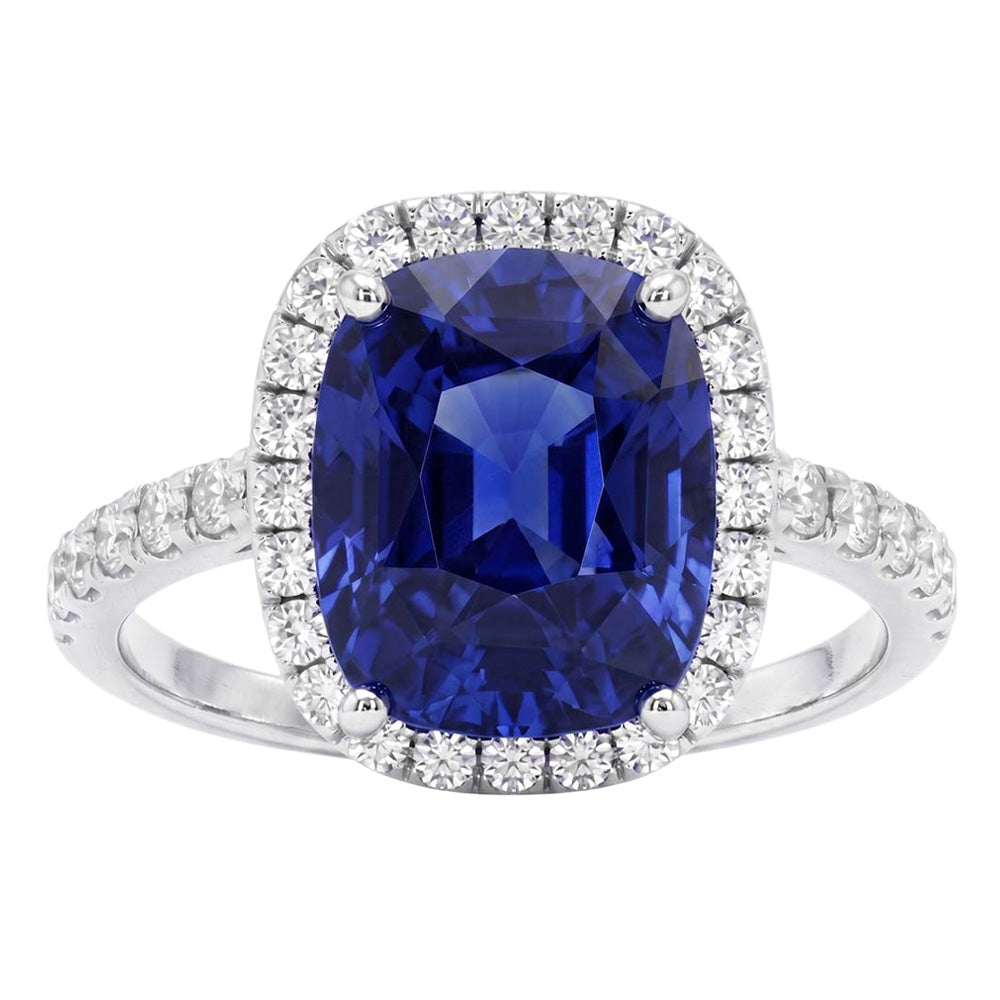Damen Halo Aus der Erde Abgebauter Natürlicher Diamant Ringkissen Blauer Saphir Verlobung 9,75 Karat