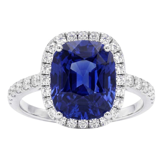 Damen Halo Aus der Erde Abgebauter Natürlicher Diamant Ringkissen Blauer Saphir Verlobung 9,75 Karat