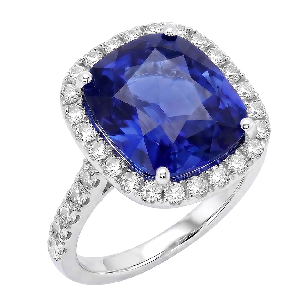 Damen Halo Aus der Erde Abgebauter Natürlicher Diamant Ringkissen Blauer Saphir Verlobung 9,75 Karat