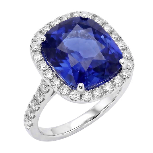Damen Halo Aus der Erde Abgebauter Natürlicher Diamant Ringkissen Blauer Saphir Verlobung 9,75 Karat