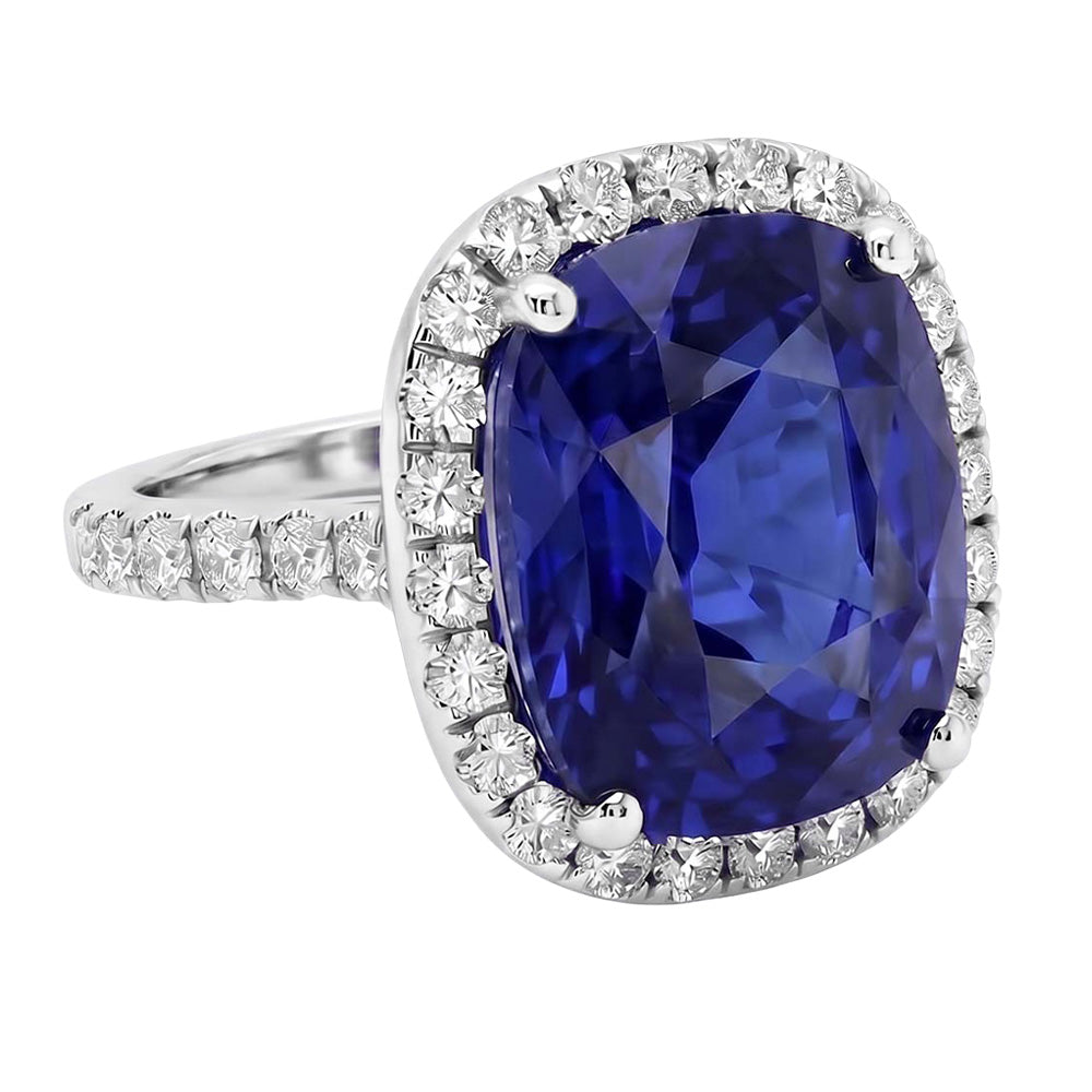 Damen Halo Aus der Erde Abgebauter Natürlicher Diamant Ringkissen Blauer Saphir Verlobung 9,75 Karat