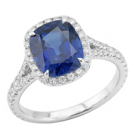 Damen Halo Cushion Cut Saphir Ring Pave Set Natürlicher Diamant ( nicht im Labor gezüchtet )en 4 Karat