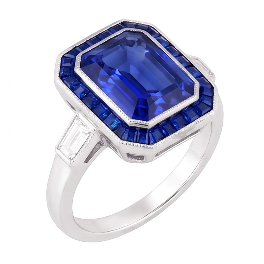 Damen Halo Edelstein Blauer Saphir Ring 3,50 Karat Baguette Natürlicher Diamant ( nicht im Labor gezüchtet )en