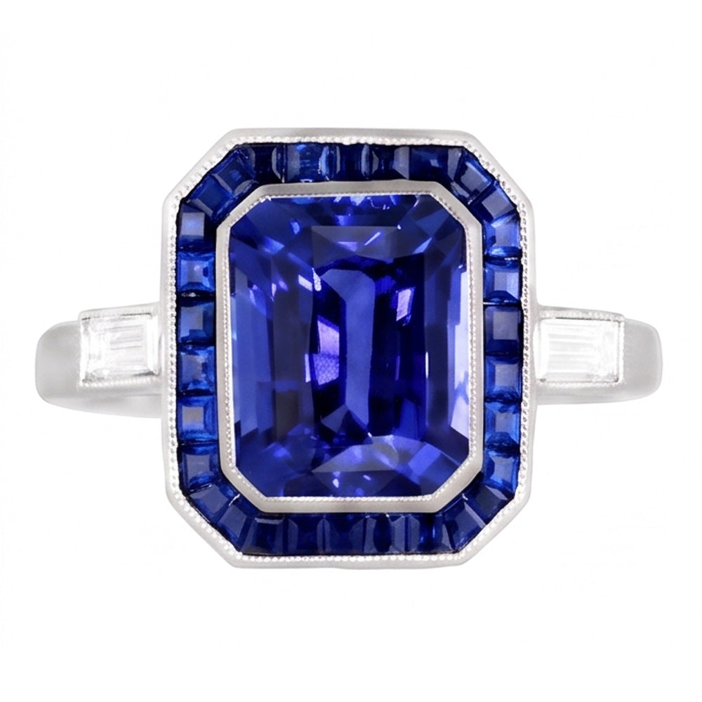 Damen Halo Edelstein Blauer Saphir Ring 3,50 Karat Baguette Natürlicher Diamant ( nicht im Labor gezüchtet )en