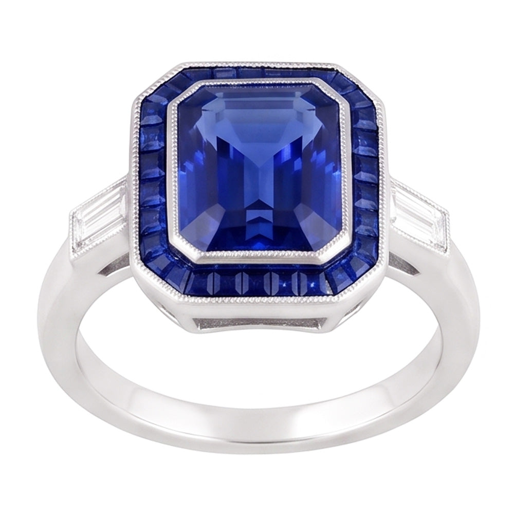 Damen Halo Edelstein Blauer Saphir Ring 3,50 Karat Baguette Natürlicher Diamant ( nicht im Labor gezüchtet )en