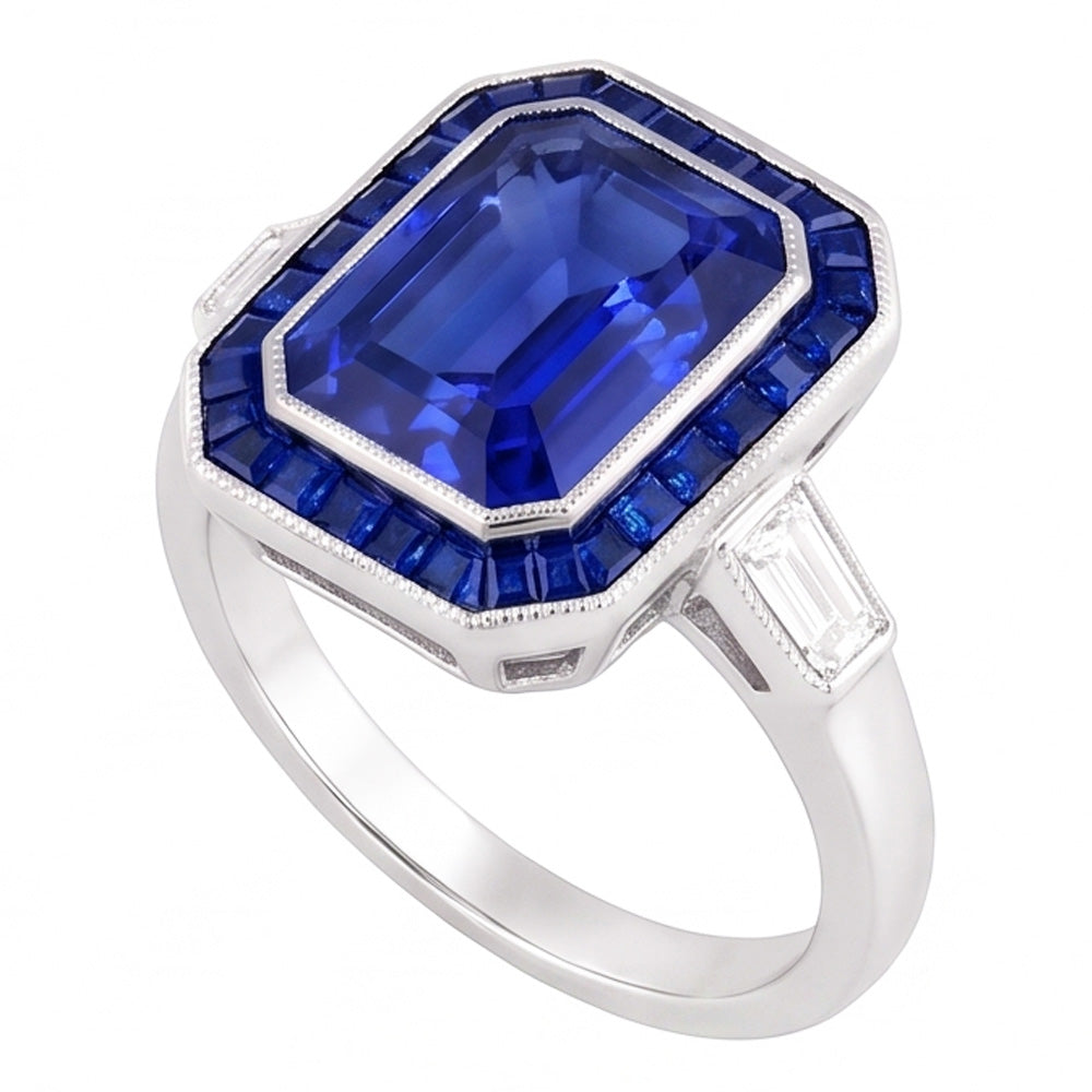 Damen Halo Edelstein Blauer Saphir Ring 3,50 Karat Baguette Natürlicher Diamant ( nicht im Labor gezüchtet )en