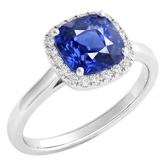 Damen Halo Natürlicher Diamant ( nicht im Labor gezüchtet ) Ringkissen Ceylon Saphir Schmuck 4 Karat