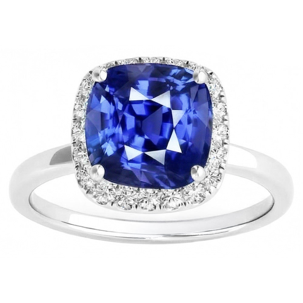 Damen Halo Natürlicher Diamant ( nicht im Labor gezüchtet ) Ringkissen Ceylon Saphir Schmuck 4 Karat