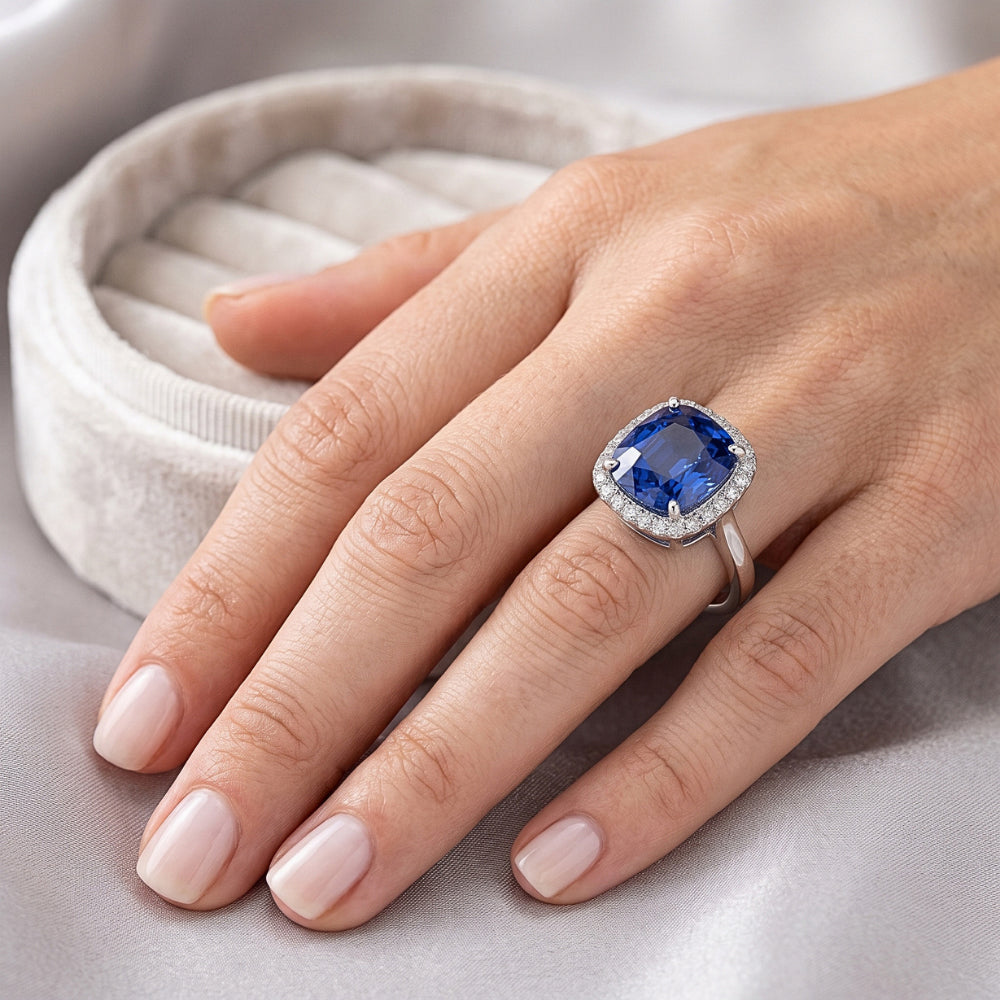 Damen Halo Natürlicher Diamant ( nicht im Labor gezüchtet ) Ringkissen Ceylon Saphir Schmuck 4 Karat