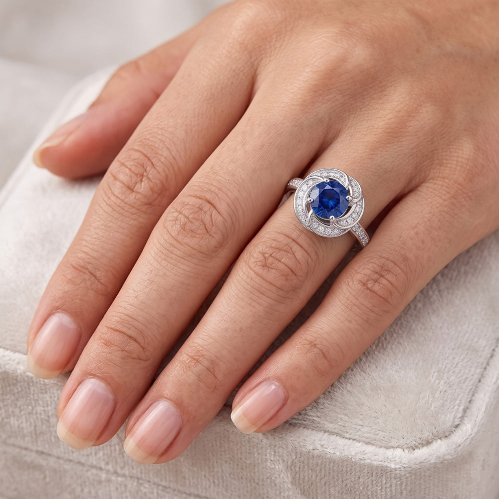 Damen Halo Natürlicher Diamant ( nicht im Labor gezüchtet ) Schmuck Blumen Stil Saphir Ring 3 Karat Gold