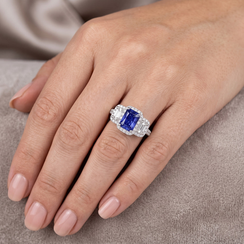 Damen Halo Ring Runder Smaragd Natürlicher Diamant ( nicht im Labor gezüchtet )en Natürlicher Blauer Saphir 3 Karat