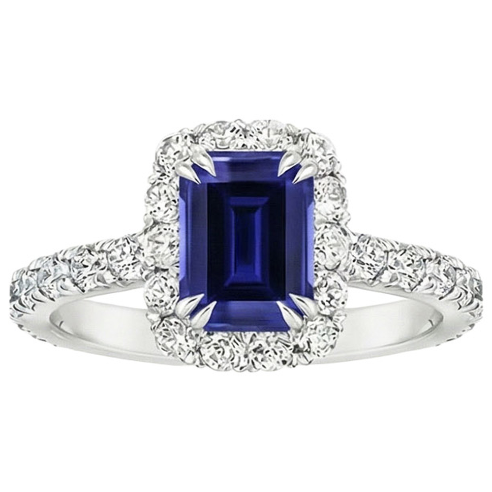 Damen Halo Ring Smaragd Sri Lanka Saphir & Aus der Erde Abgebauter Natürlicher Diamant 5 Karat
